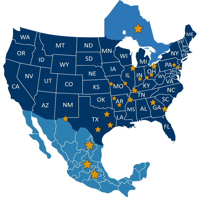 Map of PTL Service Areas in the U.S., Mexico and Canada.